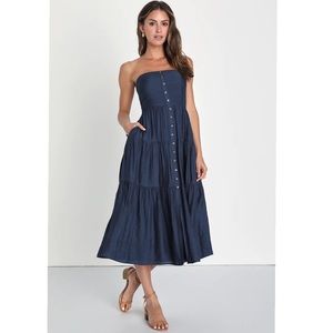 Lulus Sweetness and Sunshine Navy Strapless Midi Dress With Pockets